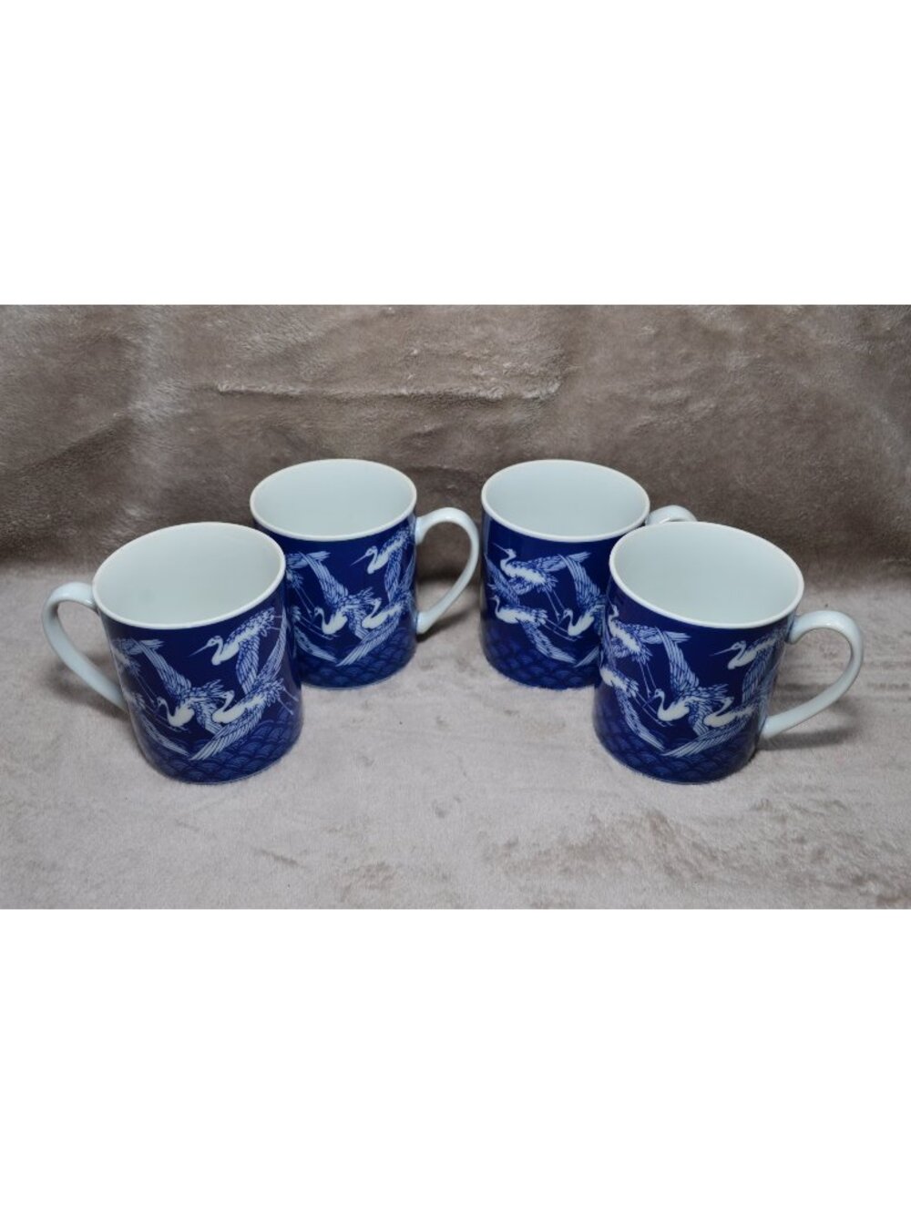 Takahashi Cobalt Blue & White Crane Heron Mugs Set of 4 bird Japanese Style